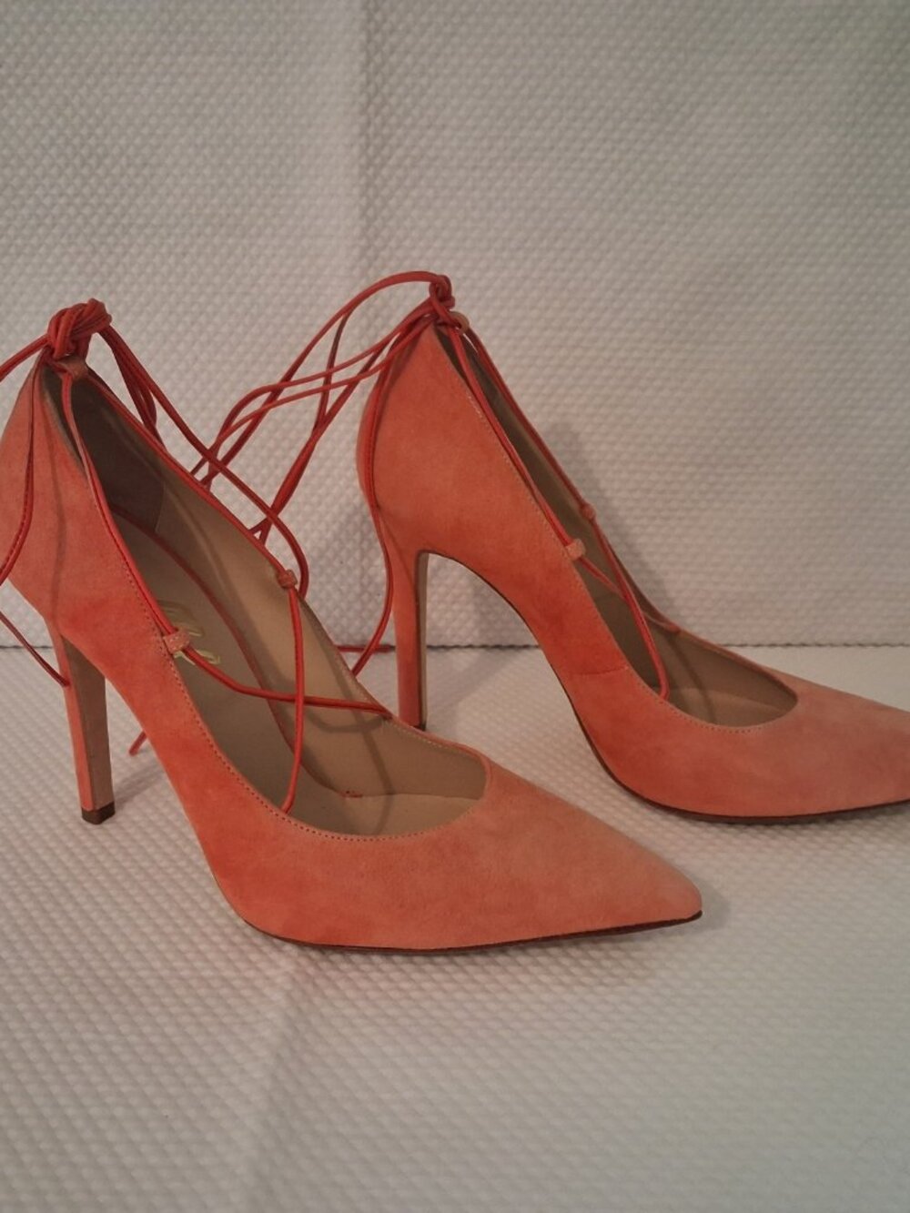 The CLEF Women's Genuine Coral Orange Suede Leather Stiletto Pumps in size 40.5